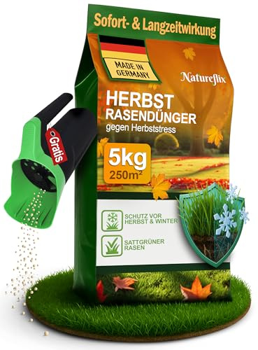 Natureflix Herbstdünger Rasen + GRATIS HANDSTREUER | Herbstrasendünger staubarm | mit Winterschutz | Körnung 2–5 mm | Rasendünger Herbst ist Kind- & tierfreundlich (5kg für 250m²)