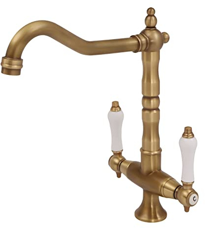 Wasserhahn Küche Antik, Messing Küchenarmatur 360° Drehbar Spültischarmatur, Zweigriffmischer Waschtischarmatur mit Schläuchen, Gold