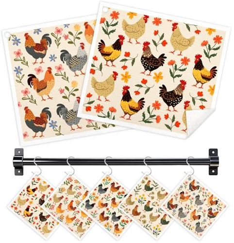 Nyixblyre Swedish Dishcloths for Kitchen, 5 Pack Funny Chicken Reusable Paper Towels with 3 Hooks, Washable Dish Cloth Set, Absorbent Cleaning Cloth for Washing Dishes Housewarming Gifts for Friend