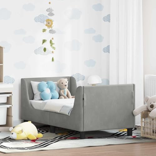 Tonture Barnsängram med sänggavel, ljusgrå 70 x 140 cm, sammet, träbaserade material, plattformssäng för sovrum, modern design