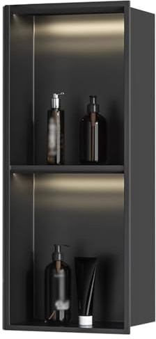 Mensola da bagno integrata in acciaio inox nero opaco con luce senza piastrelle, per riporre e conservare in modo ottimale lo spazio e lo stile