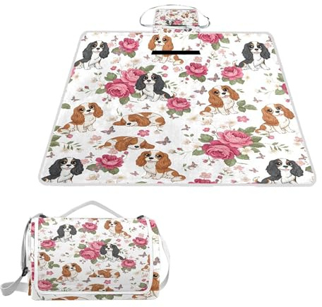 ALAZA Rechteckige, wasserdichte Picknickdecke, Cavalier King Charles Hund, Blume, Rose, tragbar, faltbar, für den Innenbereich, für Reisen, Wandern, Camping, Park, 150 cm x 145 cm