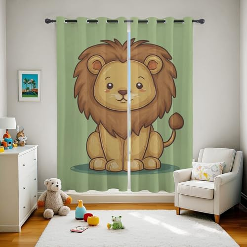 Generisch Löwe Vorhänge, Verdunklungsvorhänge mit Muster Kinder Cartoon Tier Tierwelt, Vorhang Blickdicht mit Ösen, Gardinen für Wohnzimmer Schlafzimmer Deko 2er Set, H160 x B132 bHT30