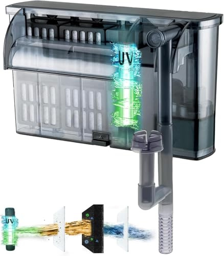 Tararium Rucksackfilter/Hang-on-Back Filter 1000L/H für 150-400L Aquarium – mit UV-Licht & Oberflächenabsauger, Verstellbarer Durchfluss, ausziehbares Einlassrohr für Süß-/Salzwasser
