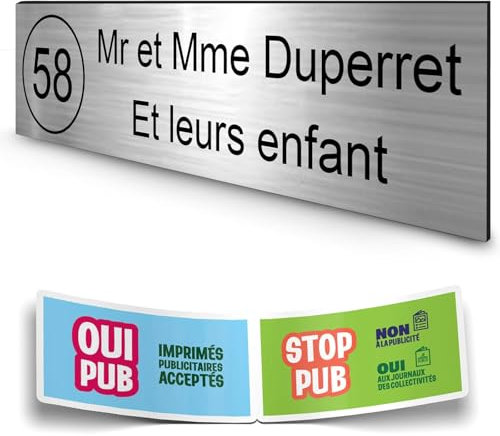 DECOHO - Plaque boite aux lettres personnalisée adhésive - plastique 1,6 mm argent lettres noires - 100x25 mm 2 lignes + stickers Stop Pu - Argent