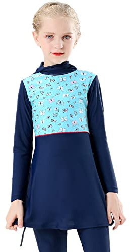 Kids Girls Muslim Swimwear Modest Swimsuits Burkini Islamic Full Cover Long Sleeve/Short Sleeve Top Pants Two Piece Bathing Suits Rash Guard Sets Surfing Outfit 1# Navy Blue 11-12 Years
