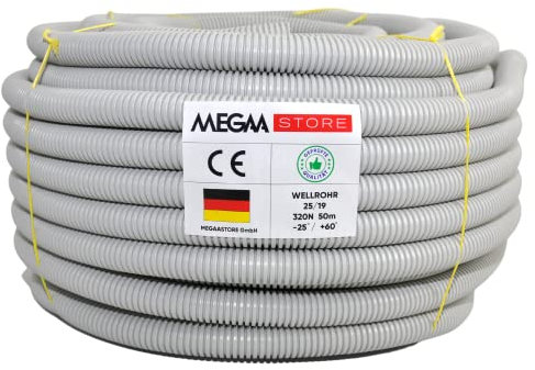Megastore Flexibles Leerrohr Wellrohr 320N Grau | Klassifizierung M16 M20 M25 M32 M40 M50 Kabelschutz Schutz Rohr ungeschlitzt Außenbereich (Ø14 mm innen/Ø 20 mm außen / 25m mit Zugdraht)