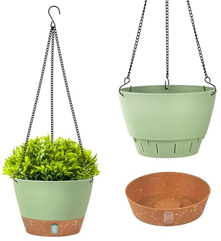 Evoio 2 Pack Hanging Plant Pot, 20CM Self Watering Flower Pots Hanging Plant Basket for Plants Flowers with Visible Water Level Tray Drainage Holes Removable Tray for Indoor Outdoor Plants(Green)