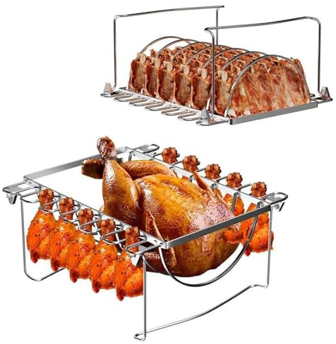 BBQ Future 3-in-1 Rib Racks & Chicken Leg Rack for Grilling and Smoking - Premium Stainless Steel Foldable Rib and Drumstick Roasting Racks - Holds 1 Whole Chicken, 12 Chicken Leg Wing, 6 Large Ribs