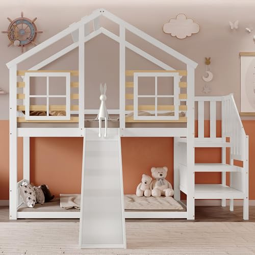 Merax Etagenbett Holzbett Blockhaus Kinderbett mit Rutsche, Fenster und Absturzsicherung - Massivholz Etagenbett in Weiß (90x200 cm)