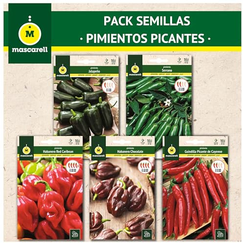 Mascarell Semillas, PACK SEMILLAS PIMIENTOS PICANTES, Kit Huerto en Casa, Fácil de Cultivar, Contiene Jalapeño, Cayena, Serrano, Habanero Chocolate y Red Caribean