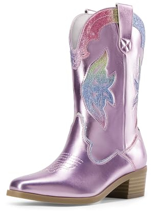 DREAM PAIRS Botas vaqueras vaqueras occidentales para niñas, a media pantorrilla, zapatos de equitación para niños pequeños y grandes, Arco iris rosa, 34 EU