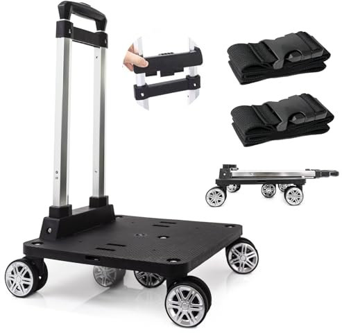 Chariot à dos pliable avec 5 roues pivotantes et grande base, chariot à bagages avec sangle à bagages, diable pliable en alliage d'aluminium pour transporteurs d'animaux domestiques, sacs à dos pour