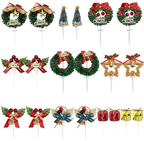 SUNNYCLUE 20 décoration de Gâteau de Noël pour Cupcakes de Vacances Couronne de Noël Arbre Boîte Cadeau Décoration de Cupcakes de Noël Décorations de Gâteaux D'Hiver pour Noël Nouvel An Fête D'Anniver