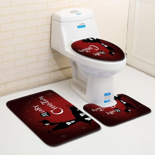 Bad Teppiche Set Schwarz Rot Retro Badezimmerteppich Waschbar WC Vorleger mit Ausschnitt und WC Deckelbezug 3 Teilig Badematte rutschfest Toilettensitzbezug Badgarnitur 45x75 cm