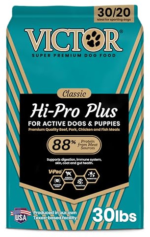 VICTOR Super Premium Dog Food – Hi-Pro Plus Dry Kibble – High Protein Dog Food with 30% Protein – Beef, Chicken, Pork, Fish Meals, Gluten Free - for High Energy and Active Dogs & Puppies, 30lbs