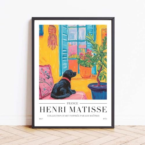 Henri Matisse Wall Art Prints, Matisse Open Window Dog Poster, Framed Matisse Print, Matisse Wall Gallery Aesthetic Home Decor, Colourful Modern Kitchen Picture (A3 - FRAMED (Black))
