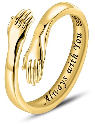 LOVECOM Mothers Day Gifts 14k Gold Plated Hug Rings for Women S925 Sterling Silver Adjustable Open Hands Hope Heaven Statement Ring Jewelry Birthday Gifts for Mom Wife Daughter Granddaughter Friends (Gold-Always with You, US Size 7)