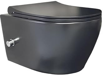 Hänge Wand WC Schwarz Matt Spülrandlos mit Taharet Warm-/Kaltwasser& Toilettendeckel mit Absenkautomatik - WC Tiefspüler mit Bidet Funktion aus Sanitärkeramik