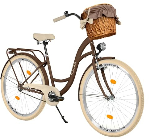 MILORD Damenfahrrad Citybike Komfort Mit Weidenkorb Vintage Fahrrad, 26, 28 Zoll, 1-Gang