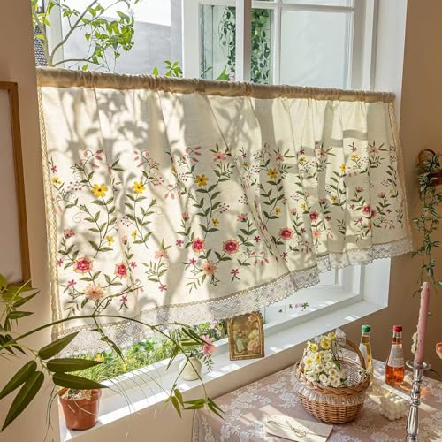 Devola Scheibengardine Blumen Stickerei Kurzgardine Leinen HxB40x90cm Rosa | Landhausstil Bistrogardine Blickdicht, Vintage Gardine Frühling, Küche Fenstergardinen mit Häkelspitze 1 Stück