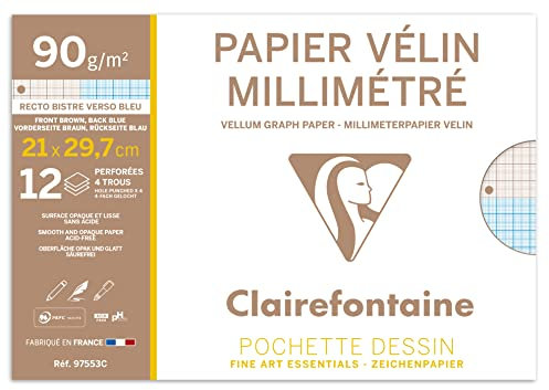 Clairefontaine 97553C - Packung mit 12 Bogen Millimeterpapier 90g, DIN A4 21x29,7 cm, 4-fach gelocht, ideal für die Schule und technische Zeichnungen, sehr widerstandsfähig, Weiß, 1 Pack