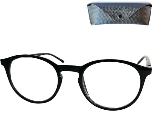 Klassische Nerd Lesebrille mit großen Runden Gläsern - mit Gratis Etui, Kunststoff Rahmen (Schwarz), Brille mit Sehstärke, Lesehilfe Damen und Herren +2.0 Dioptrien