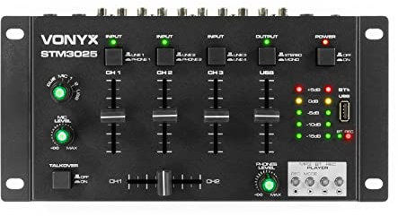Vonyx STM3025 Table de Mixage 4 Canaux - USB, Technologie sans Fil Bluetooth, 4 Entrées Ligne RCA, 2 Entrées Phono RCA, 2 Entrées Microphone Jack 6,35mm, Sortie Casque et Master RCA, Idéal pour DJ