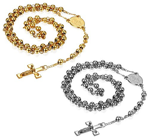 Flongo Rosenkranz Kette Halskette, Edelstahl Anhänger Halskette Kette Kugelkette Silber Gold Golden Jungfrau Maria Jesus Christus Kruzifix Kreuz Kugel Perlen Klassiker Herren,Damen Accessoires