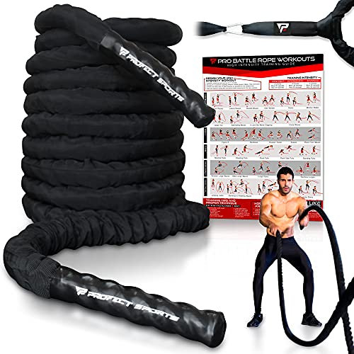 Pro Battle Ropes mit Ankergurt Kit und Übungsposter - Verbesserte langlebige Schutzhülle - 100% Poly Dacron Heavy Battle Rope für Krafttraining, Cardio Fitness, CrossFit Seil (3,8 cm x 12,2 m)