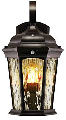 Euri Lighting EFL-130W-MD Flickering Flame Porch Light, Water Glass, with Integrated Security Light (3000K), Motion-Sensor, Dusk-to-Dawn, Oil Rubbed Bronze Housing