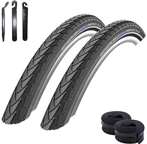 2 x Schwalbe Marathon Plus Unplattbar 28 Fahrradreifen mit Reflex in Schwarz 25-622 (28 x 1.00) + 2 Schwalbe Schläuche DV15 inkl. 3 Reifenheber