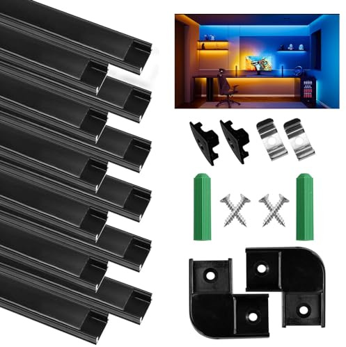 SENXINGYAN LED Aluminium Profil, 12 X 1m LED Aluminium Leisten U-Form, LED-Kanäle, LED Profil Schwarz mit Endkappen, Metall Befestigungs Clips und Eckverbindern