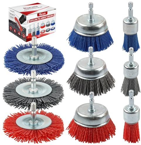 Rocaris - Set di 9 spazzole in filo di nylon abrasivo con gambo esagonale da 1/4, per rimuovere ruggine, corrosione e vernice, grana 80, grana 120, grana 240, confezione da 9