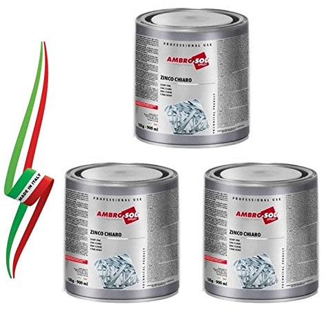 ZV SET 3 BARATTOLI DI VERNICE ZINCANTE A FREDDO ZINCO CHIARO PROTETTIVO PER ESTERNI 900 ml - 1 Kg MADE IN ITALY