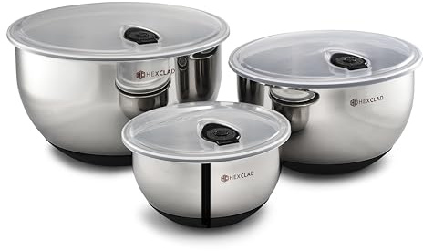 HexClad Stainless Steel Mixing Bowl Set, 3-Piece with Vacuum Seal Lids and Non-Slip Base, 1.3,3 and 5 Quarts