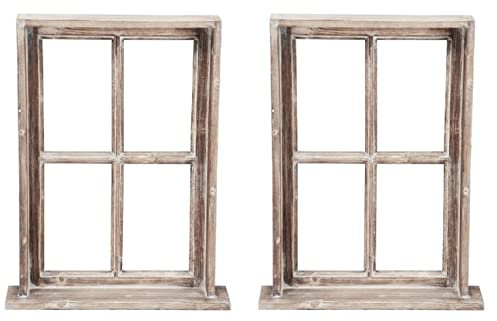 ETC Deko-Fenster Fensterrahmen mit Rahmen und Ablagebrett Holz im Landhausstil braun shabby als 2-er Set