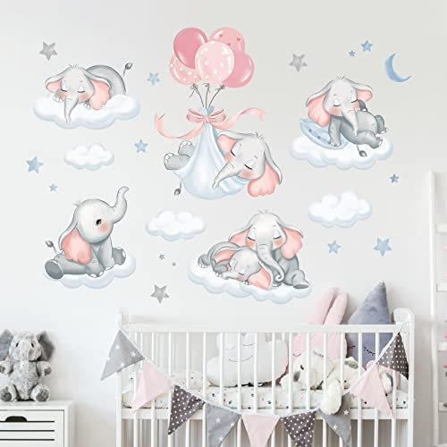 wondever Wandtattoo Elefant Baby Wandaufkleber Elefanten Tiere Luftballon Mond und Sterne Wandsticker Wanddeko für Kinderzimmer Babyzimmer