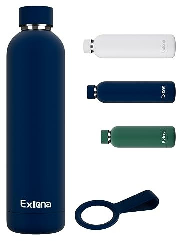 Exllena Insulated Water Bottles 1l with Clip, Double Wall Vacuum Drinks Bottle Keeps Drinks Cold 24 Hrs/Hot 12 Hrs, Stainless Steel Water Bottle BPA Free (Dark Blue)