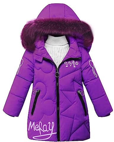 linboo Manteau Fille Doudoune Chaud Veste Hiver Blouson Enfant à Capuche Fourrure mi Long Parka Epaisse Vêtements de Ski, Violet, 6 ans