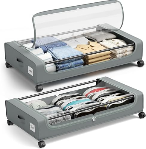 PHINOX Contenitori portaoggetti sotto il letto con ruote, organizer per scarpe sotto il letto con maniglie rinforzate con finestra trasparente, grande cassetto portaoggetti sotto il letto per vestiti,
