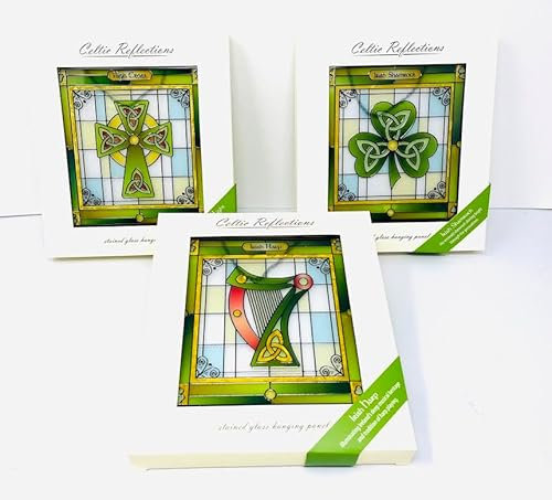 Royal Tara Buntglas-Set mit 3 irischen Kleeblatt-Harfen, hohes Kreuz, quadratisch, zum Aufhängen, Sonnenfänger, grün, irisches Schild, handgefertigt, keltisches Dekor, Geburtstagsgeschenk,
