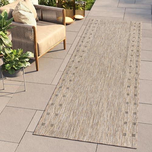 TAPISO Melissa Teppich Läufer Flur Outdoor Indoor Braun Schwarz Modern Design Wetterfest UV-beständig Wohnzimmer Balkon Terrasse ÖKO-TEX 70 x 140 cm