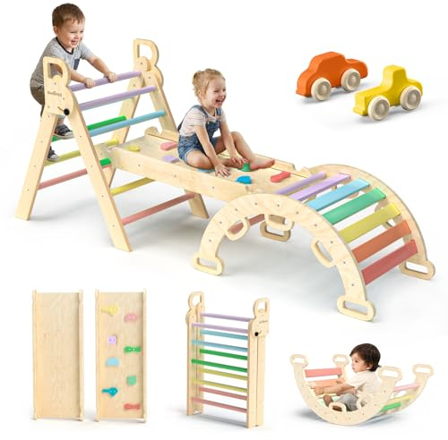 BlueWood Pikler Triangle Set 7in1 Foldable Baby Climbing Toys Wooden Montessori Climbing Set with Arch&Ramp&Ladder Baby Climber Indoor Jungle Gyms for Toddlers Montessori Toys- Rainbow