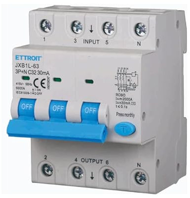 ETTROIT INTERRUTTORE MAGNETOTERMICO DIFFERENZIALE SALVAVITA PER BARRA DIN 4 MODULI 3P+N 380V 30mA 6KA (32A)
