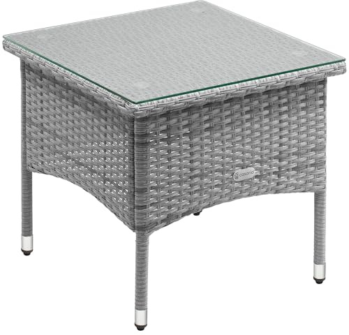 Casaria® Table d'appoint en polyrotin Gris 50x50x45cm Table Basse de Jardin carrée avec Plaque en Verre Petite Table extérieur