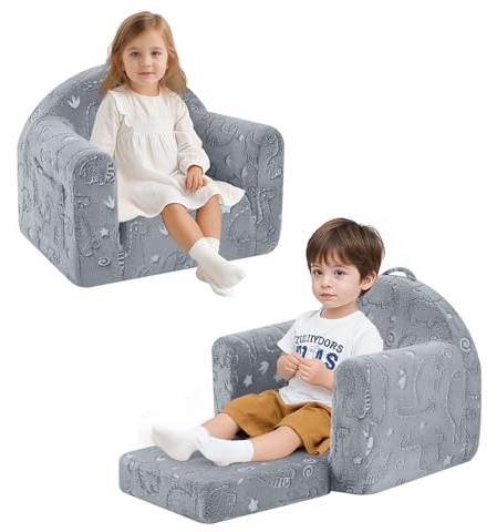 MeMoreCool Kid Couch, Comfy Plush Toddler Chair Kids Glow Couch, Convertible Kid Sofa Bed, Flip Out Baby Recliner Foldable Children Mini Sofa for Toddlers 1-3 Girls Boys, Dinosaur