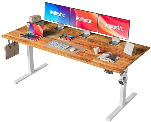 Agilestic 180 x 80 cm höj- och sänkbart skrivbord, sit-stand-skrivbord med minnesfunktion, ergonomiskt datorskrivbord, bestående av fyra sammanfogade bordsskivor, ljusbrunt