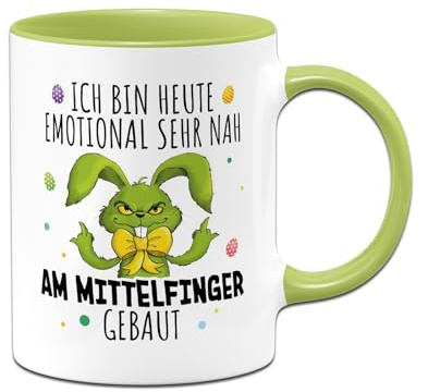 Tasse Ostern - Grinch Osterhase - Ich bin heute emotional sehr nah am Mittelfinger gebaut - Hasen Ostertasse lustig mit Spruch Ostergeschenk Erwachsene Männer, Frauen - Oster Geschenke (Grün)