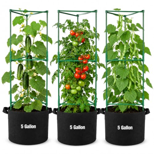JQTOP 3 Pack Tomato Grow Bags with Adjustable Support Cages, 5 Gallon Felt Plant Pots with Trellis for Tomatoes Cucumbers Beans Peas, Patio Balcony Garden Planters (160cm)